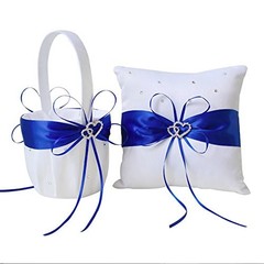 2pcs Wedding Set White Satin and Royal Blue Flower Girl Basket and Ring Pillow