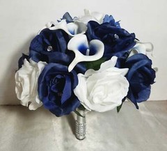 Navy Blue White Rose Calla Lily Bridal Wedding Bouquet Accessories