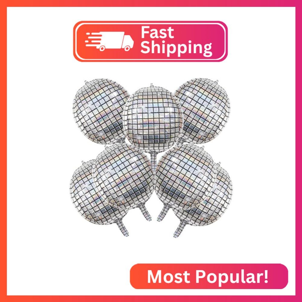 7 PCS Silver Disco Ball Mylar Foil Balloons 22 Inch Huge 4D Round Metallic Spher