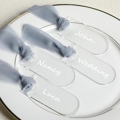 24 Pcs Acrylic Place Cards Wedding Clear 3.54×1.77 Inch Blank Dusty Blue Ribbon