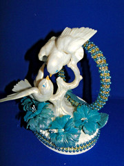 New Elegant Handmade Aqua & Gold Rhinestones Kissing Love Birds Cake topper #152