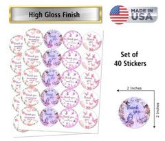 Butterfly 40 Thank You Stickers, 2 Inch Big Round Glossy Labels, Theme for