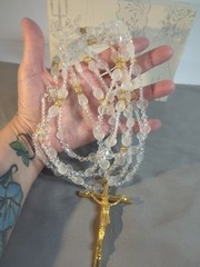 Vintage WEDDING LASSO~GLASS & ACRYLIC BEADS GOLD CROSS LAZO DE BODA~Religious
