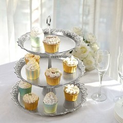 15″ Metallic Silver 3 Tier Plastic Cupcake Stand Round Tower Lace Cut Trim Party