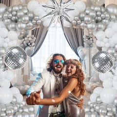 Disco Party Balloon Garland Arch Kit 134 Pcs Metallic Silver Matte White Conf…