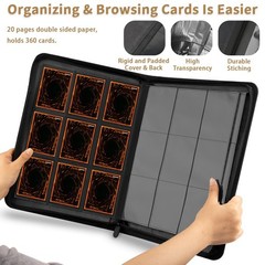 TIANREN Card Binder 9 Pocket, 3D PU Leather Album with Zipper, 360 Side Loadi…