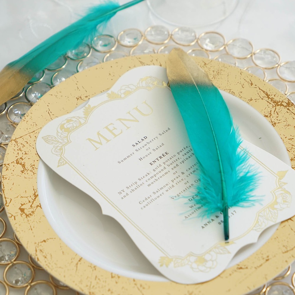 90 TURQUOISE with Metallic Gold Tip Natural Goose Feathers Wedding Decorations