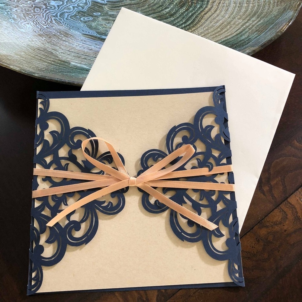 Dark Blue, Navy Laser Cut Flowers Gold Silk Tie Square Wedding Invitation Cards