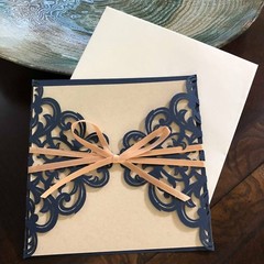 Dark Blue, Navy Laser Cut Flowers Gold Silk Tie Square Wedding Invitation Cards