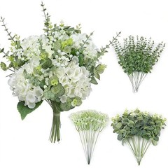 4 Kinds 55PCS Silk Hydrangea Artificial Flowers Eucalyptus White Hydrangea