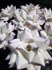 7 Handmade Paper Flowers on stems (White w/Purple tips) for Wedding, Valentine’s