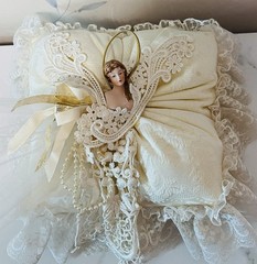 Vtg Wedding Ring Bearer Pillow Victorian Bride Brocade Ivory Satin Lace Ribbons