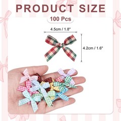 100 Pcs Mini Gingham Ribbon Bows 1.8 Inch Satin Ribbon Bows, Red Green Khaki