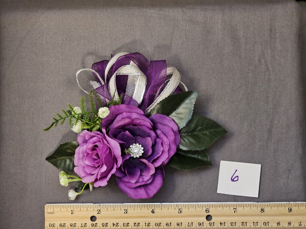 Silk Corsage – Purple And Silver With Rhinestone Accent