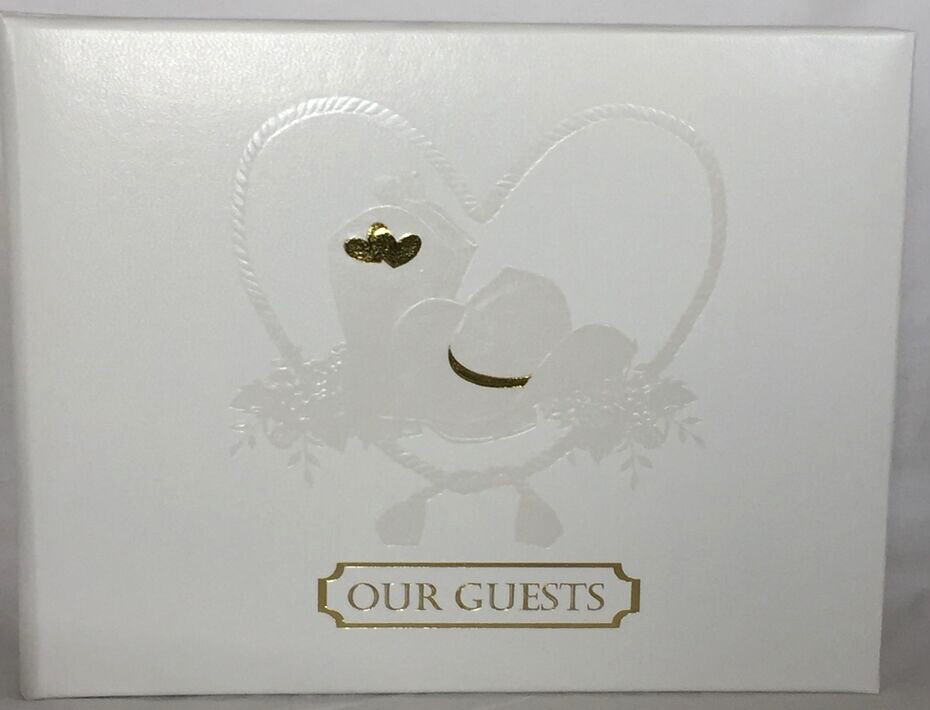 Western Wedding Pearl Guestbook. Embossed Lariat, Cowyboy Hat and Boot, 7×5