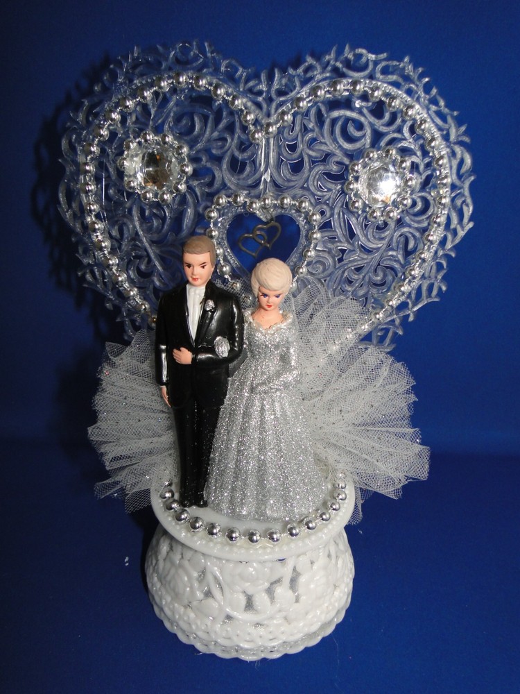 New 25th Wedding Anniversary Heart decor caketop with Bride & Groom in Silver #3