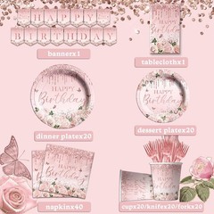 142Pcs Pink Rose Gold Birthday Party Supplies – Pink Birthday Party Tableware…