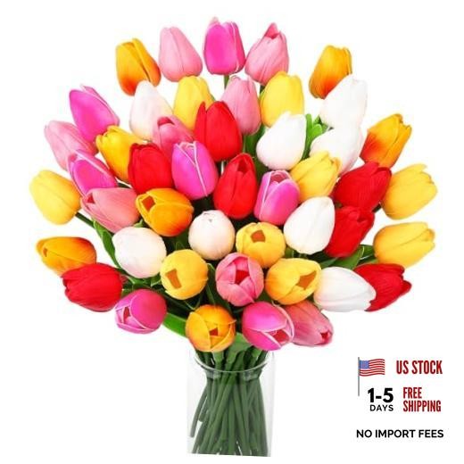 48 Pcs Artificial Tulips Fake Flower Bouquet PU Real Touch Mixed Colors Easter
