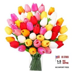 48 Pcs Artificial Tulips Fake Flower Bouquet PU Real Touch Mixed Colors Easter