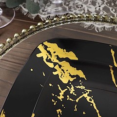 10 BLACK GOLD Square Metallic Marble Plastic Salad DINNER PLATES Party Tableware