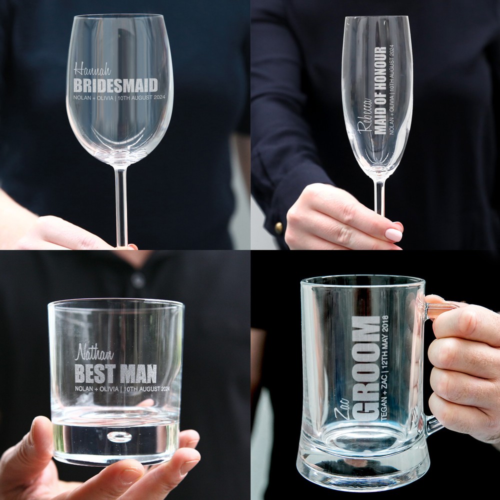 Groomsmen Bridesmaid Glass Personalised Name Engraved Champagne Wine Beer Scotch