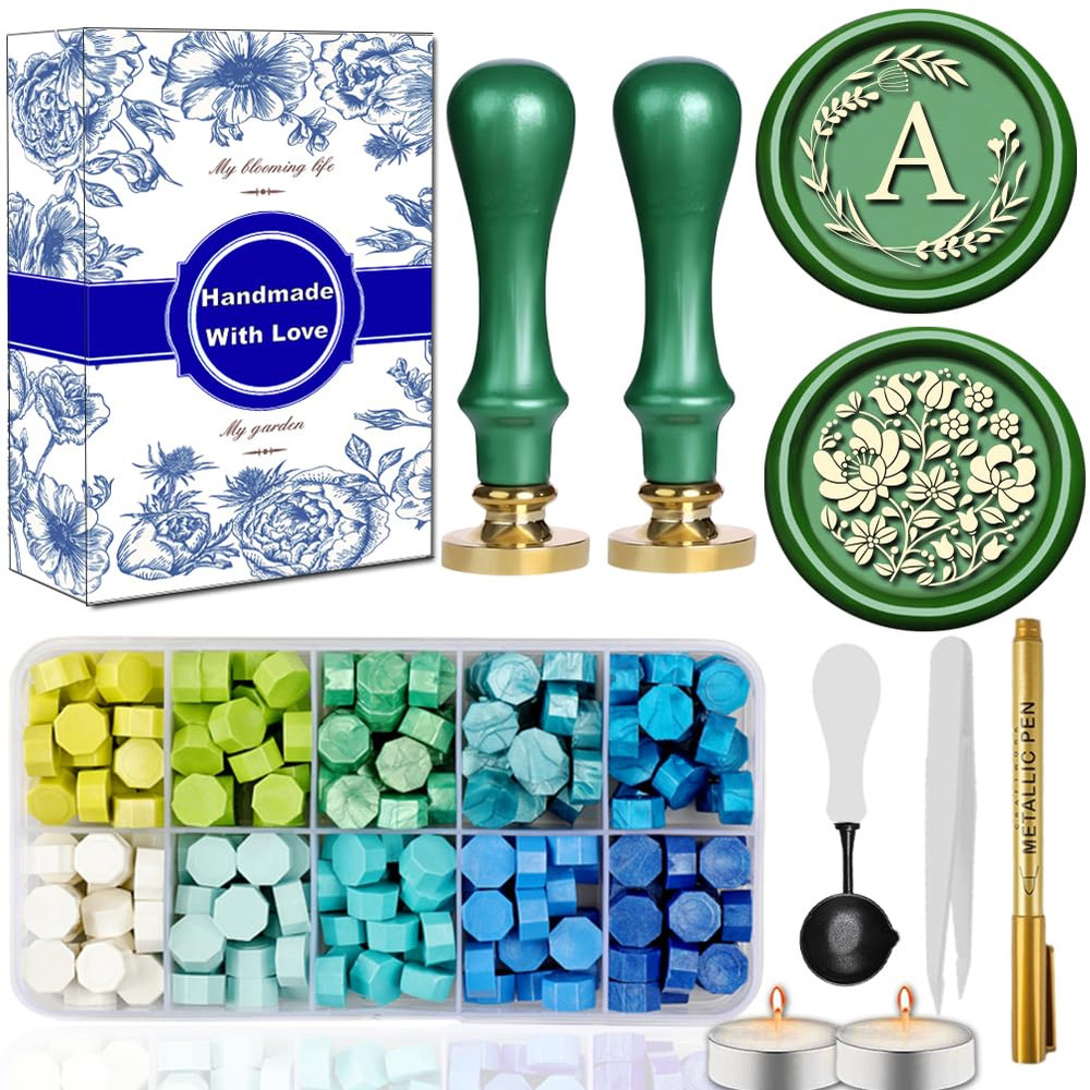 Elegant Initial a Wax Seal Kit,2Pcs Exquisite Brass Stamp Heads with Eucalyptus