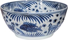 Handcrafted Blue and White Ceramic Fish Bowl for Home Decor