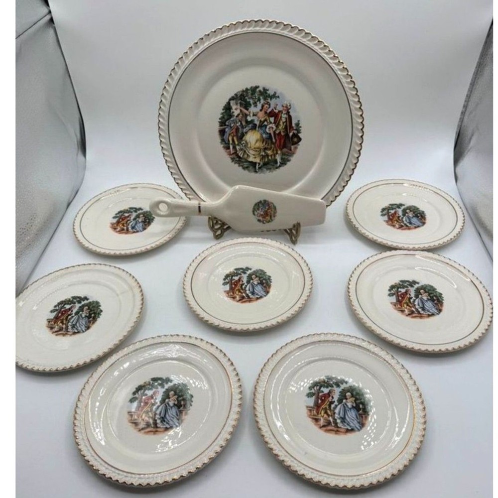 Harker Pottery Co Colonial Scene Cake Plate Server 7 plates USA 1952 22kt gold