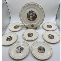 Harker Pottery Co Colonial Scene Cake Plate Server 7 plates USA 1952 22kt gold