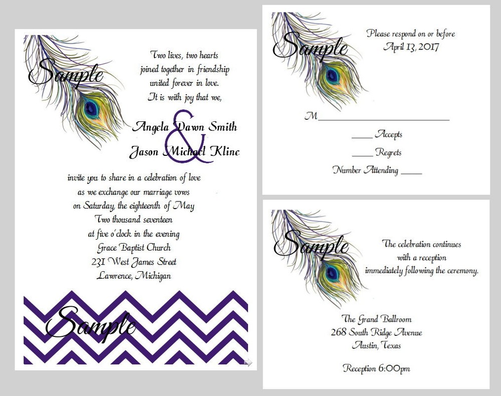 100 Personalized Custom Peacock Feathers Purple Bridal Wedding Invitations Set