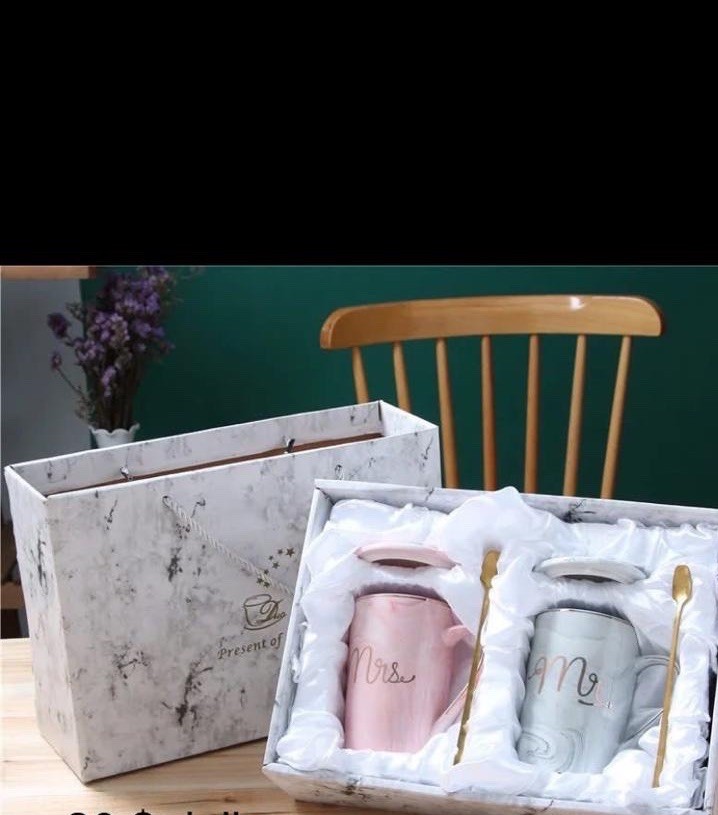 Marbled Ceramic Couple Mugs Set Pink Gray Wedding Gift with Spoons