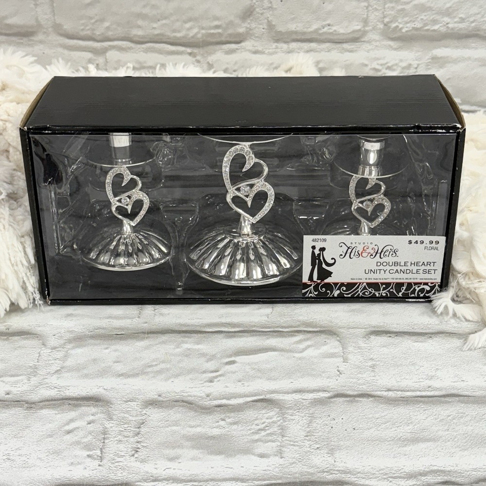 Wedding Silver His & Hers Unity Candle Set Hearts & Rhinestone Bling Set 3 New