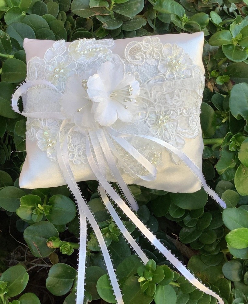 Wedding Ring Bearer Pillow White Lace Pearl Cushion White Flowers Keepsake Gifts