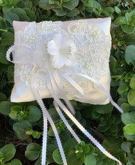 Wedding Ring Bearer Pillow White Lace Pearl Cushion White Flowers Keepsake Gifts