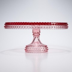 L E Smith Vtg Pink Hobnail Scalloped Pedestal Cake Plate Stand 11″dia
