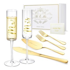 Elegant Gold Wedding Cake Knife & Server Set with Mr & Mrs Champagne Flutes