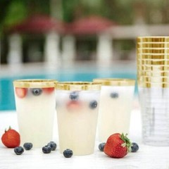 12 17 oz Plastic CLEAR with Gold Rim Cocktail Disposable Glasses Party Wedding