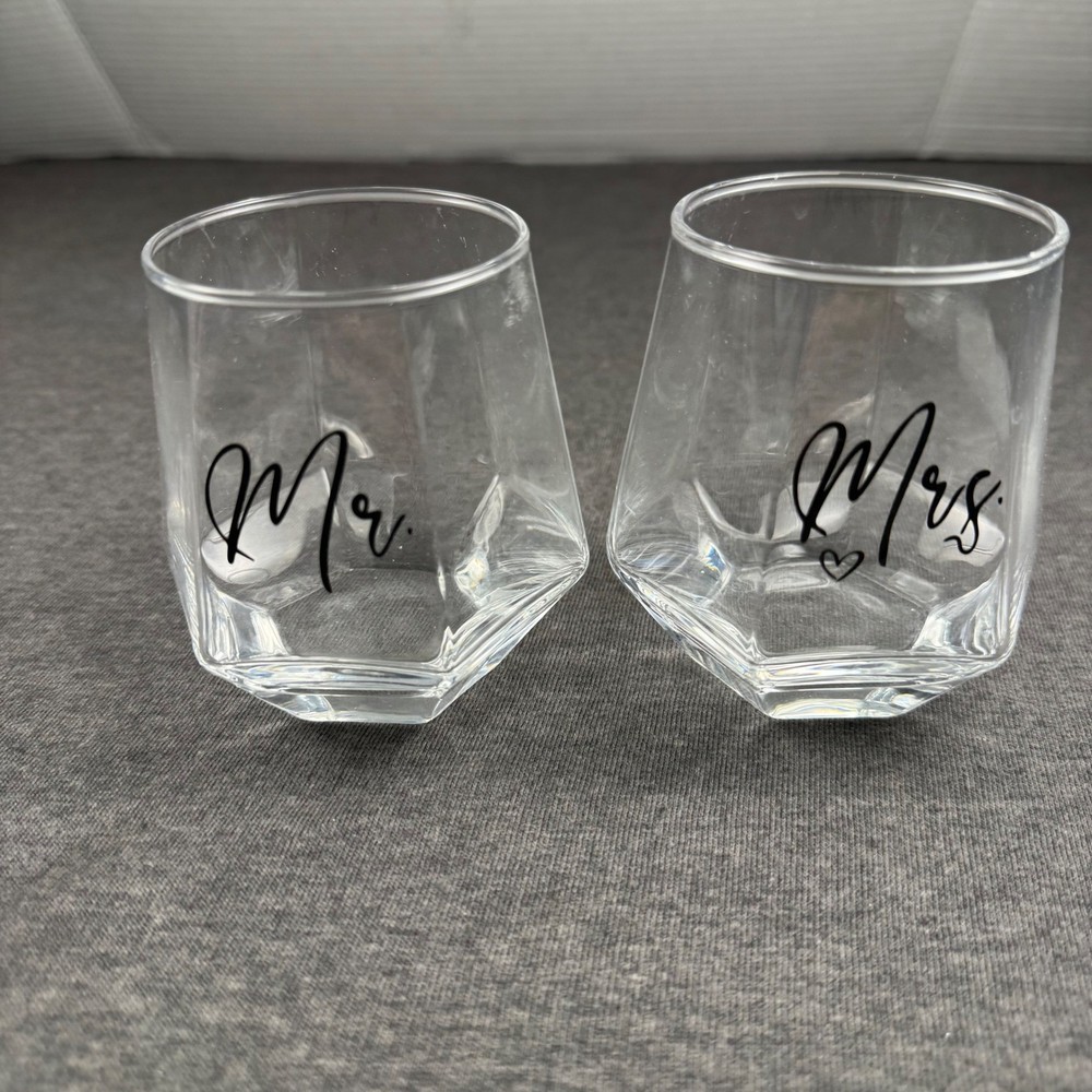 Mr & Mrs Stemless Wine Glass Geometric Design Set of 2 Wedding Anniversary Gift