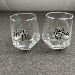 Mr & Mrs Stemless Wine Glass Geometric Design Set of 2 Wedding Anniversary Gift