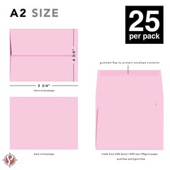 A2 Envelopes, 4 3/8″ x 5 3/4″, Ultra Pink, Square Flap, 24w (90gsm), 25 per Pack