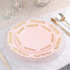 10 Blush Round 10″ Salad Plates Gold Trim Party Wedding Catering Disposable Home