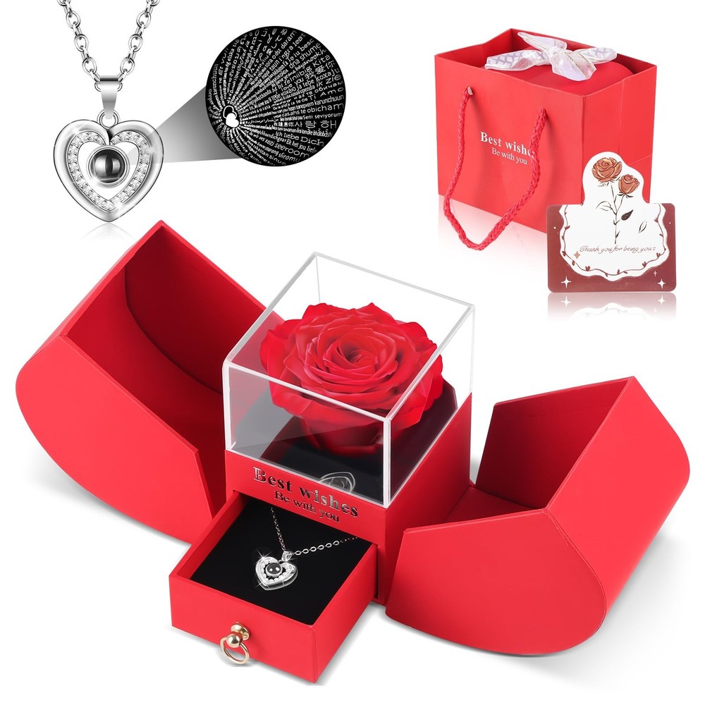 Preserved Red Forever Rose Heart Necklace Gift Box, Medium, Red,silver