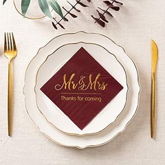 Wedding Napkins Mr Mrs Terracotta Gold Cocktail Dark Red Napkins BurgundyGold