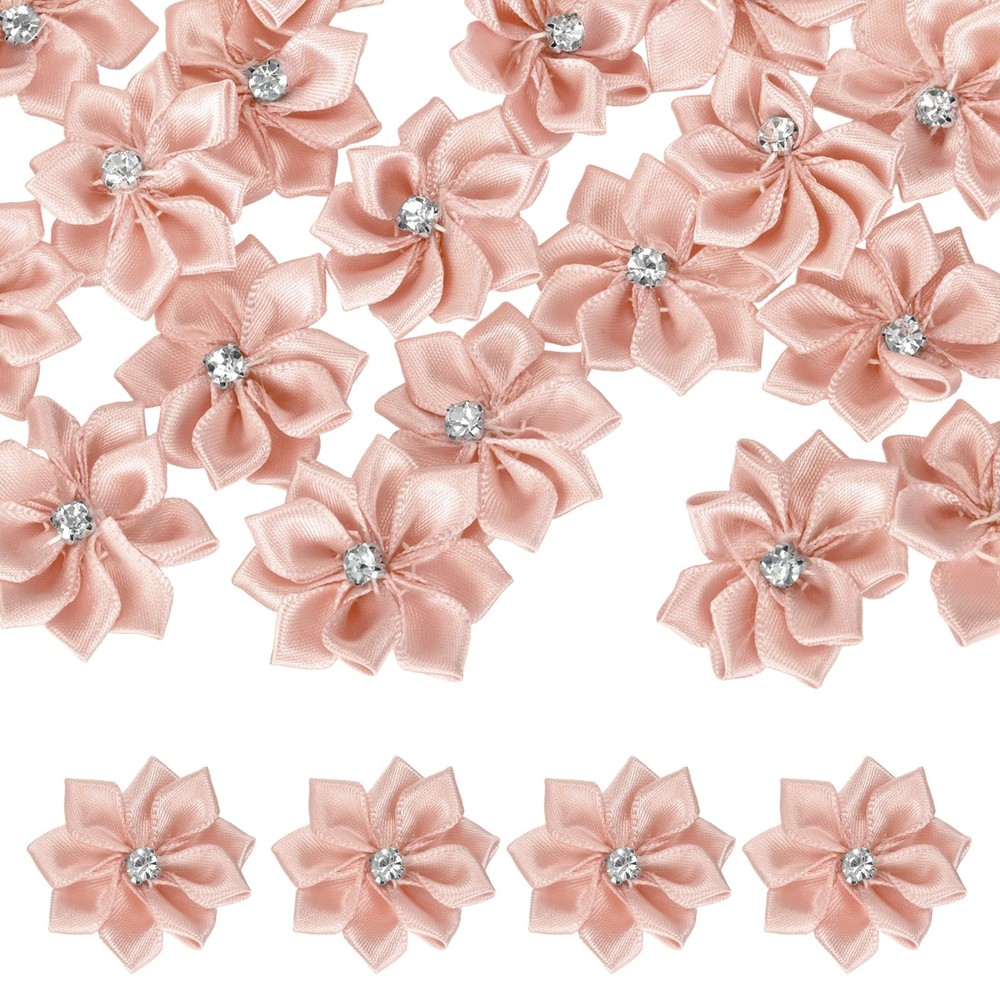 100Pcs Ribbon Flowers 1.2″ Fabric Flowers with Rhinestones Champagne