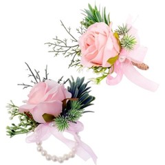 Artificial Pink Rose Corsage Bracelet Set, 2 Pack, Wedding Accessories