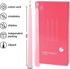 YOROXRG 24 Pink Taper Candles, 7-8 Hr Burn, Unscented, Smokeless, .75″x10″