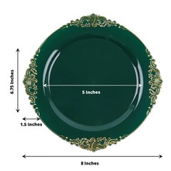 10 HUNTER GREEN GOLD 8″ Round Plastic Salad Dinner PLATES Embossed Baroque Rim
