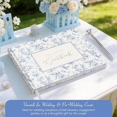 Blue Floral Wedding Guest Book Hardcover with Pen – 9×7 Inch 144 Pages Sign I…
