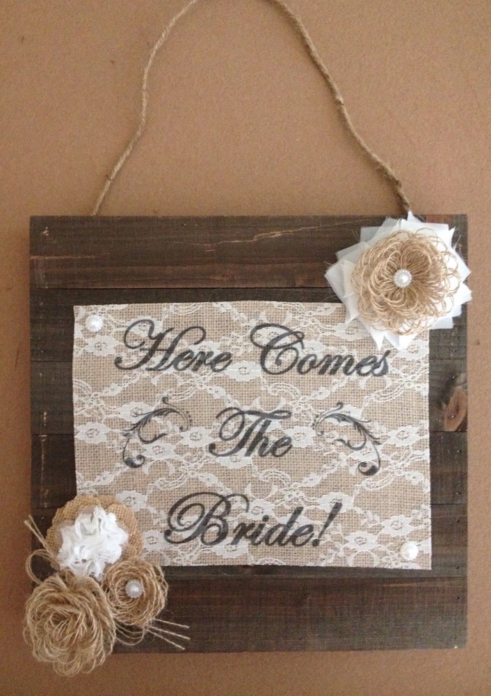 Primitive Barn Wood Burlap Panel Here Comes The Bride Flower Wedding Shabby Chic