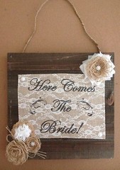 Primitive Barn Wood Burlap Panel Here Comes The Bride Flower Wedding Shabby Chic